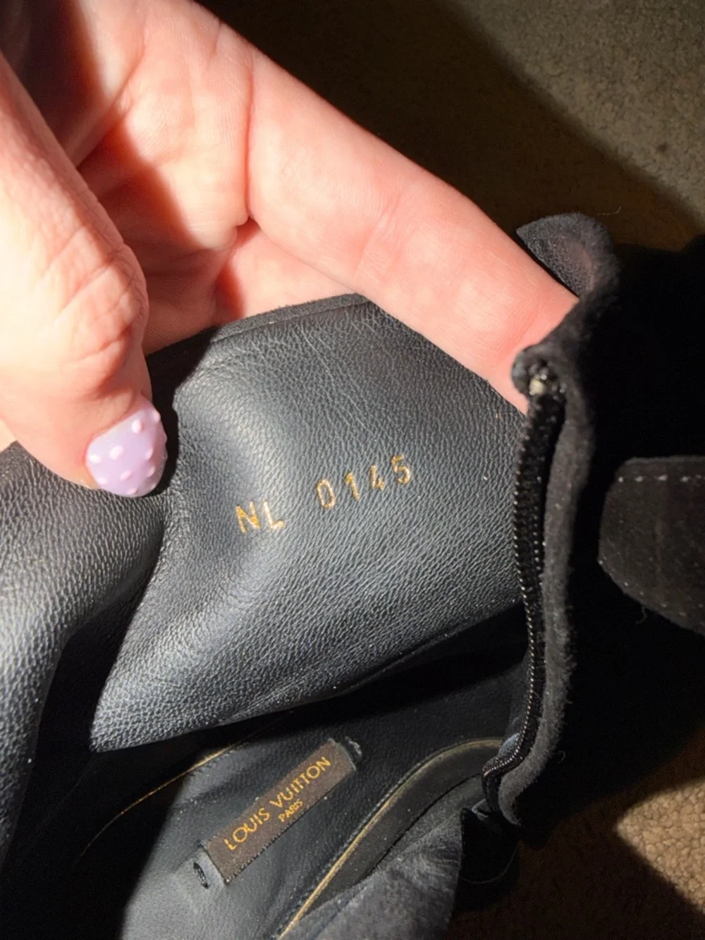 Louis Vuitton Black Suede Peep-Toe Wedge Ankle Boots with Gold Wedge - Picture 4 of 7